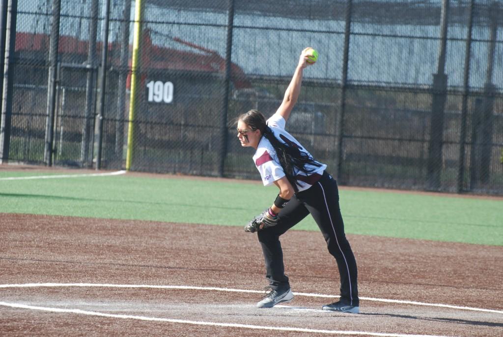 Marci Womack midpitch in game one. Photo by Melissa Bauer-Herzog.
