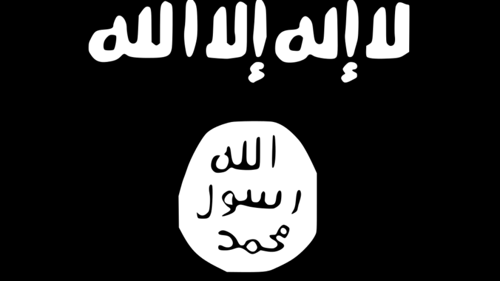 The flag of the ISIS, which contains the historical seal of Muhammad on the bottom and above it the Shahada which translates to ''there is no god but god''